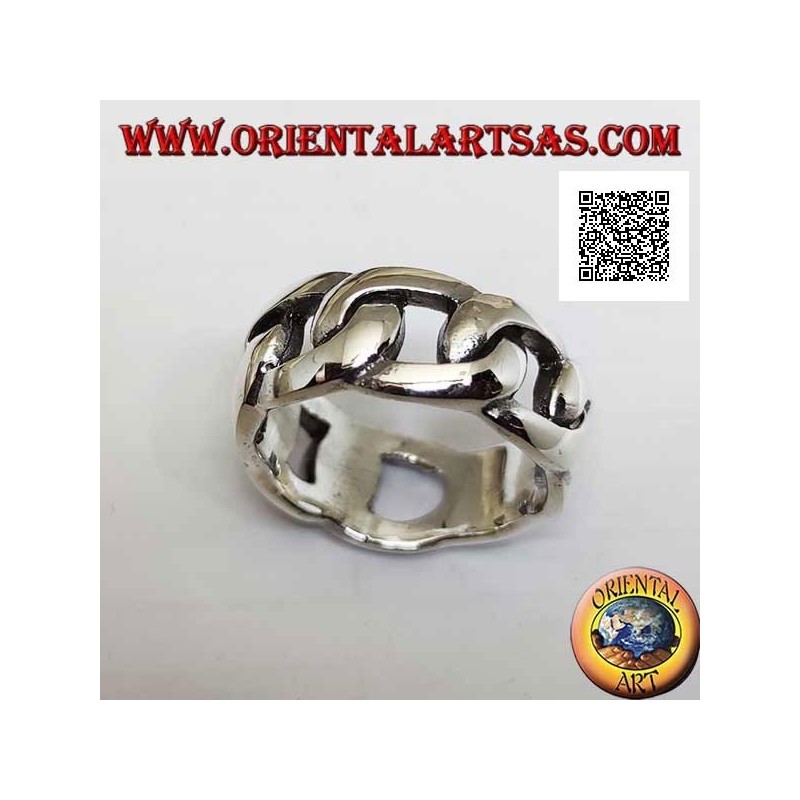 Anello in argento fascia liscia a catena rigida con anelli ovali spessi