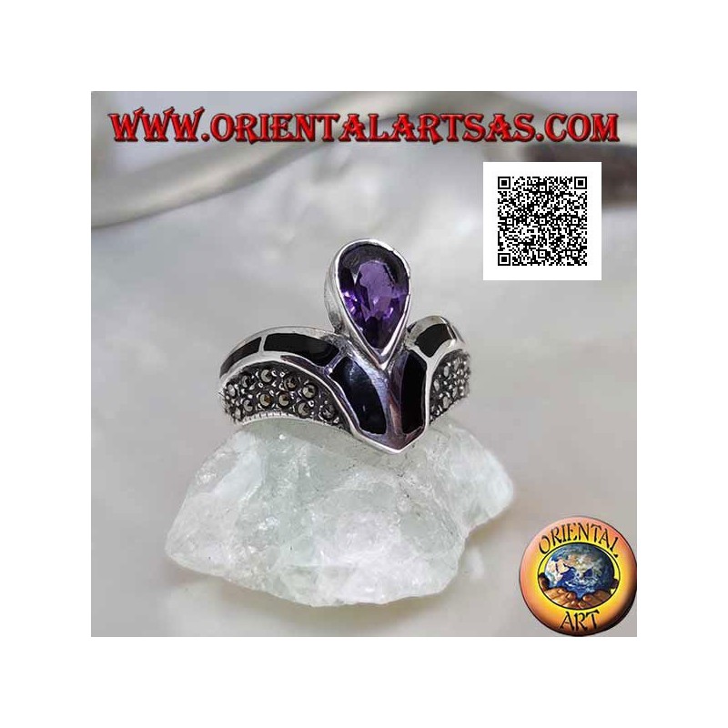 Anillo de plata en forma de V tachonado de marcasita con decoración en ónix y amatista natural con gota central