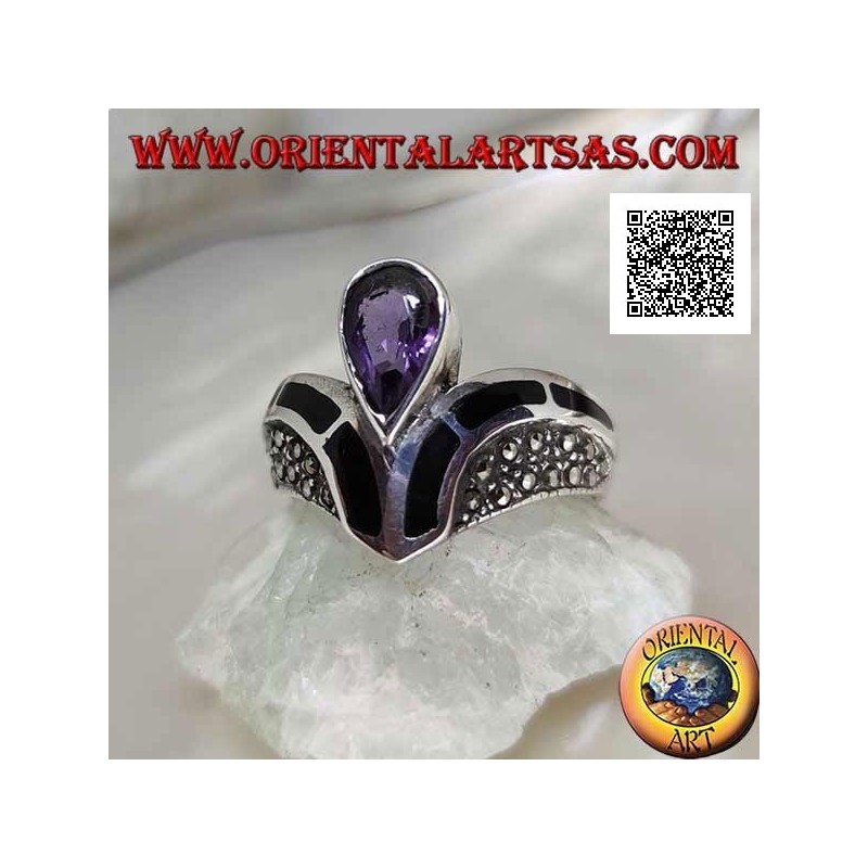 Anillo de plata en forma de V tachonado de marcasita con decoración en ónix y amatista natural con gota central