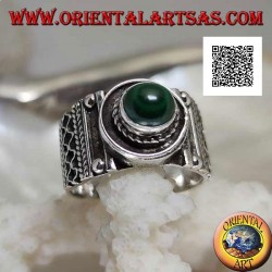 Silver band ring with natural round cabochon malachite and ethnic decorations