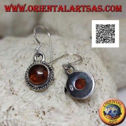 Silver pendant earrings with natural round cabochon amber surrounded by weaving