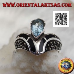 V-shaped silver ring studded with marcasite with central drop onyx and topaz decoration