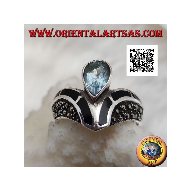 Anello in argento a V tempestato di marcassite con decorazione in onice e topazio a goccia centrale