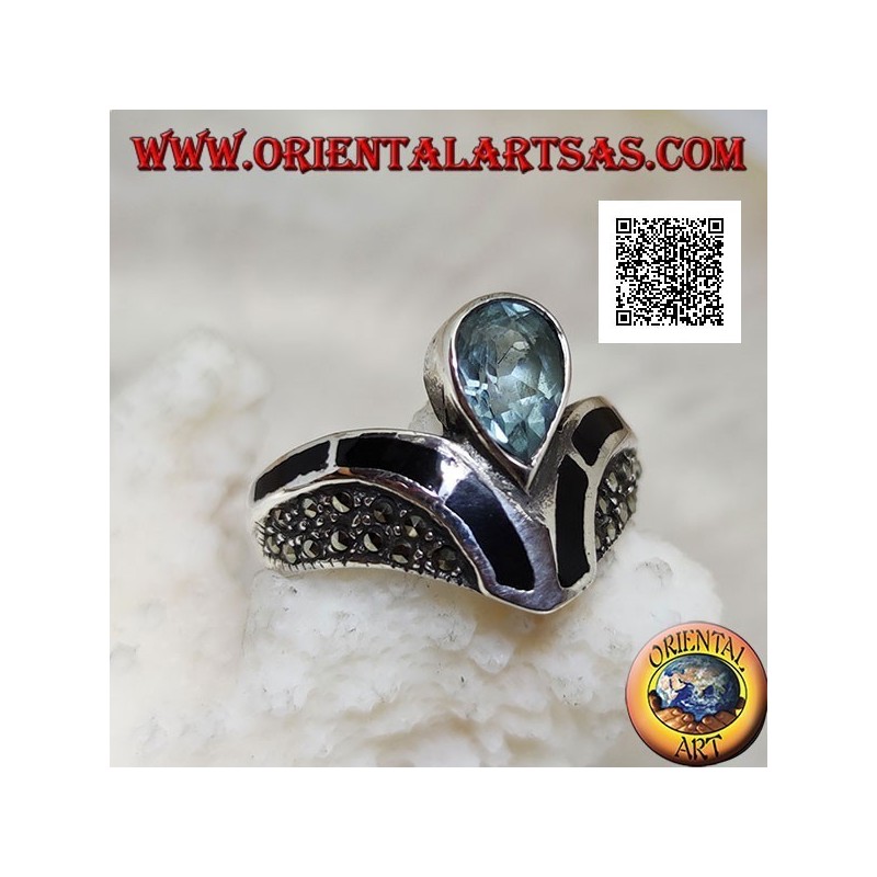 Bague en argent en forme de V parsemée de marcassite à décor de goutte centrale onyx et topaze