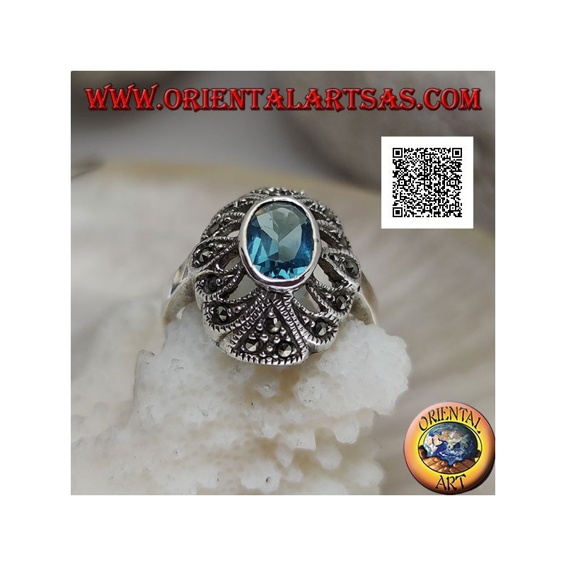 Anello in Argento 925 con Topazio Azzurro e Marcassite - Stile Vintage