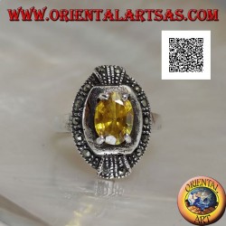 Elliptical silver ring with set oval yellow topaz and marcasite