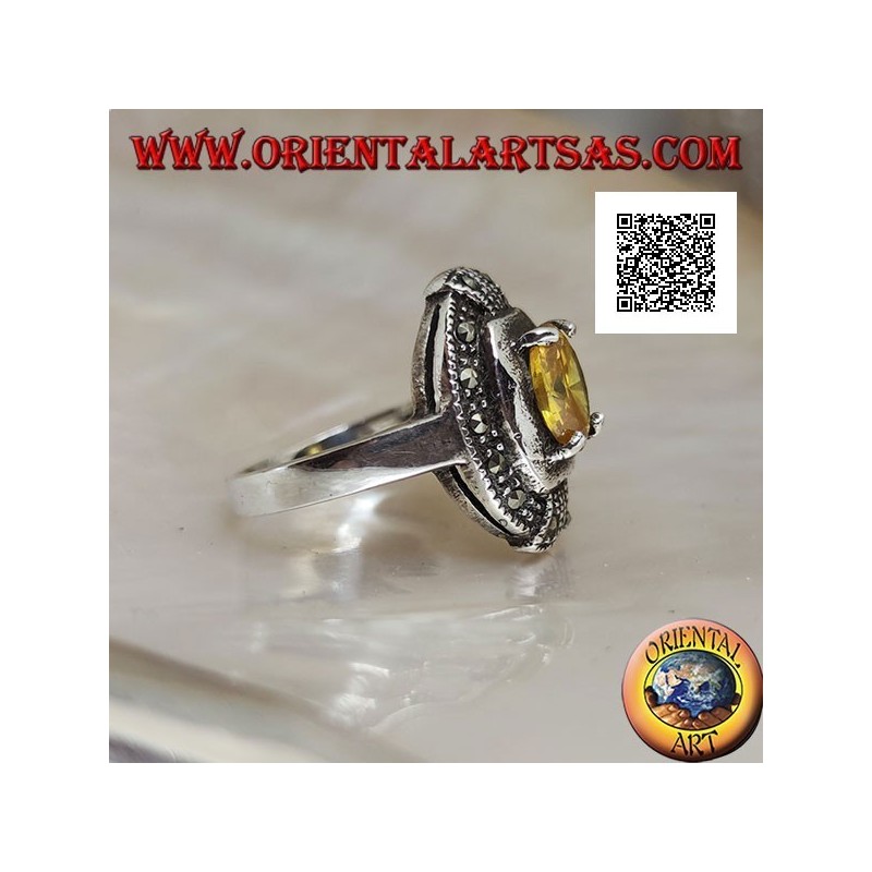 Elliptical silver ring with set oval yellow topaz and marcasite