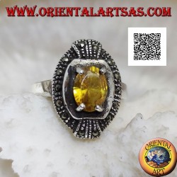Elliptical silver ring with set oval yellow topaz and marcasite