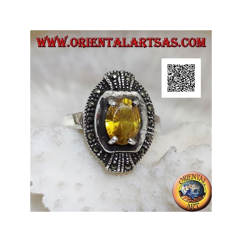 Elliptical silver ring with set oval yellow topaz and marcasite