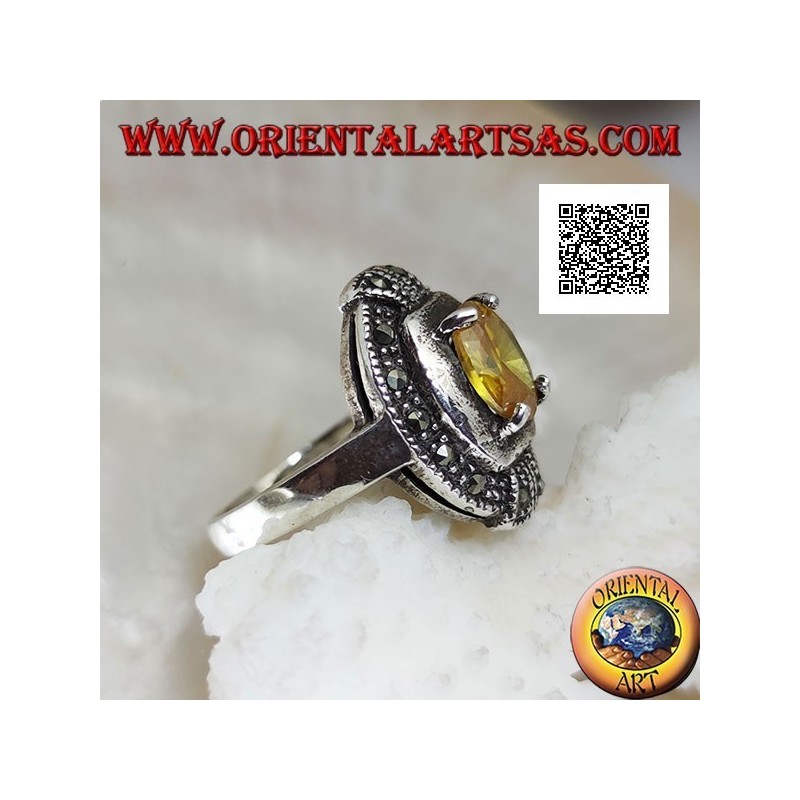 Elliptical silver ring with set oval yellow topaz and marcasite