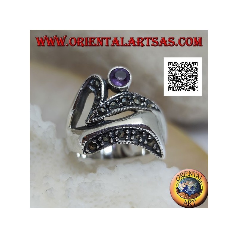 Silberring mit abstrakter Form im futuristischen Stil mit Teilen aus Markasit und rundem Amethyst