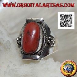 Silver ring with oval Tibetan antique coral in Nepalese setting and balls on the sides (18)