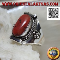 Silver ring with oval Tibetan antique coral in Nepalese setting and balls on the sides (18)