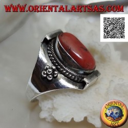 Silver ring with oval Tibetan antique coral in Nepalese setting and balls on the sides (18)