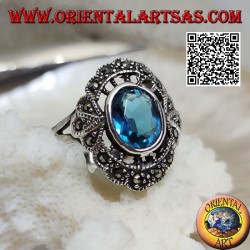 Silberner Wolkenring mit ovalem Blautopas und Markasit