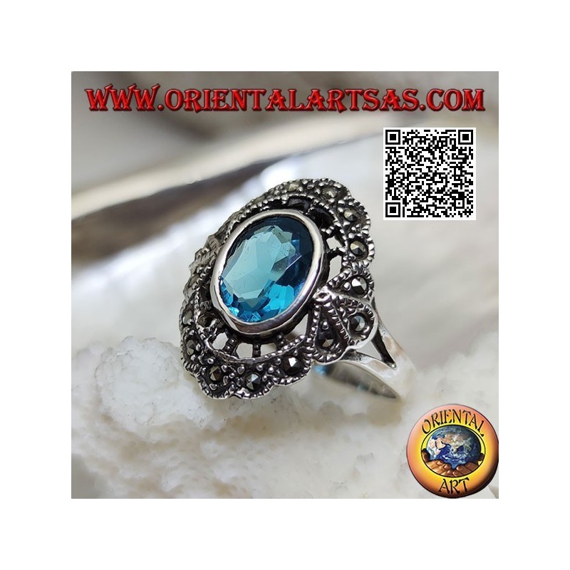 Anello in argento a nuvoletta con topazio azzurro ovale e marcassite