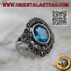 Bague nuage en argent avec topaze bleue ovale et marcassite