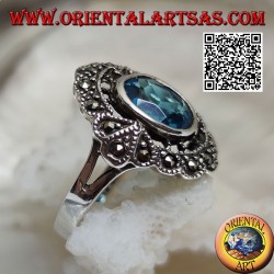 Silver cloud ring with oval blue topaz and marcasite