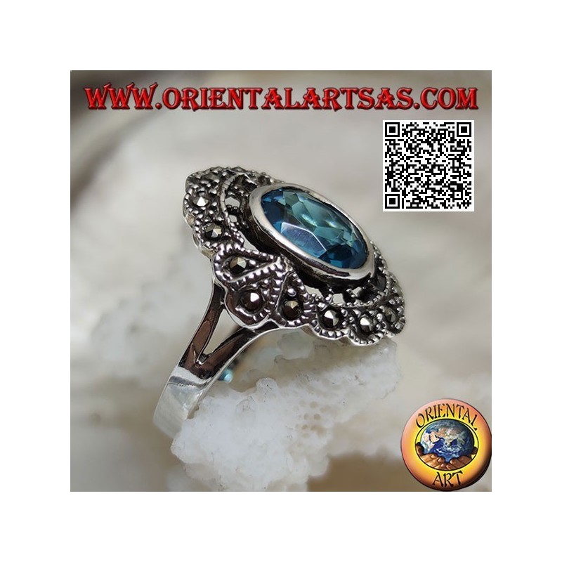 Anello in argento a nuvoletta con topazio azzurro ovale e marcassite