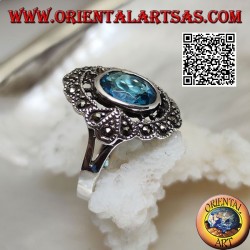 Silver cloud ring with oval blue topaz and marcasite