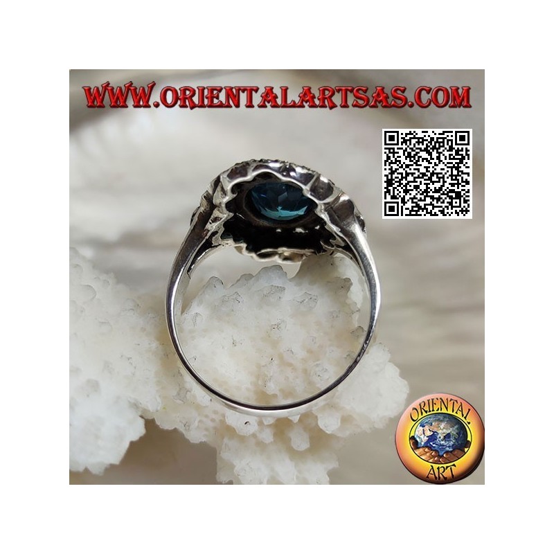Silver cloud ring with oval blue topaz and marcasite