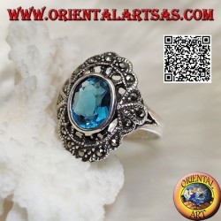 Bague nuage en argent avec topaze bleue ovale et marcassite