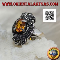 Silver ring, marcasite bow with a natural oval yellow topaz set