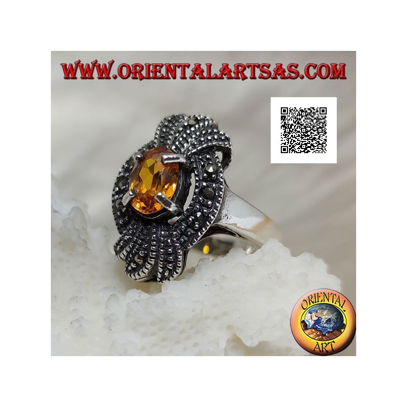 Silver ring, marcasite bow with a natural oval yellow topaz set