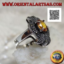 Серебряное кольцо, марказитовый бант с натуральным овальным комплектом желтых топазов