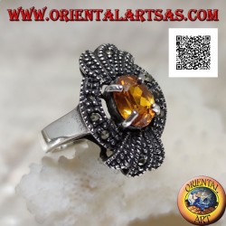 Silver ring, marcasite bow with a natural oval yellow topaz set