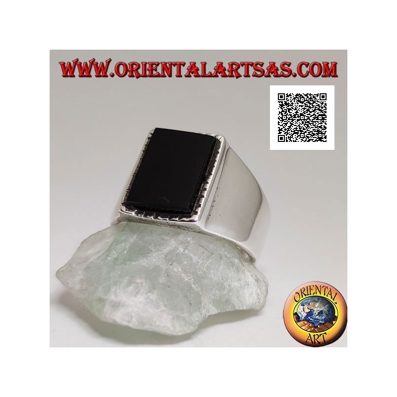 Silver ring with raised rectangular onyx with slightly striped edge on a smooth frame