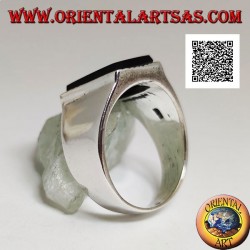Silver ring with raised rectangular onyx with slightly striped edge on a smooth frame
