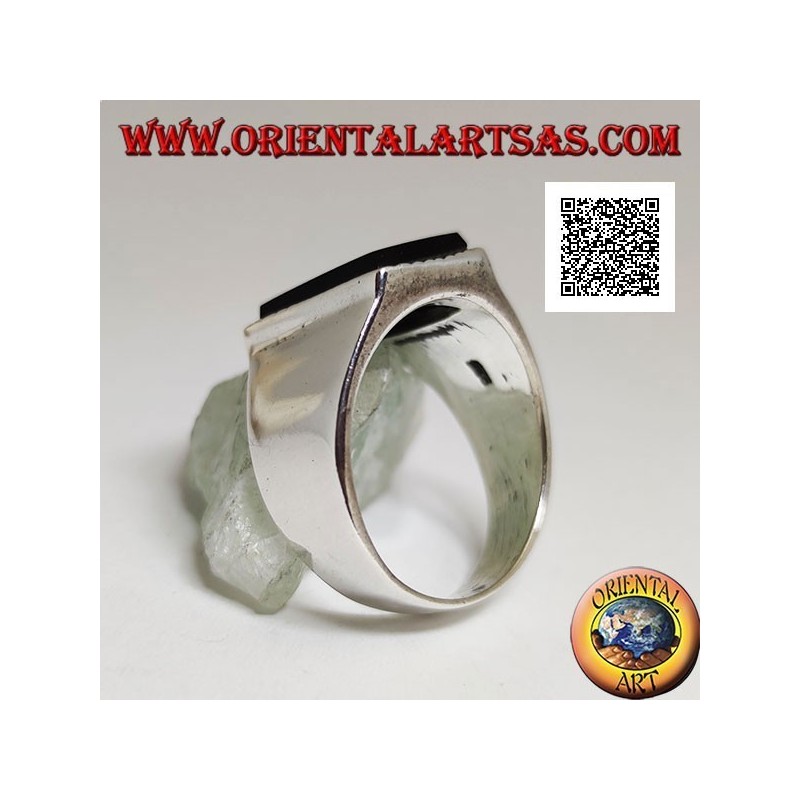 Silver ring with raised rectangular onyx with slightly striped edge on a smooth frame