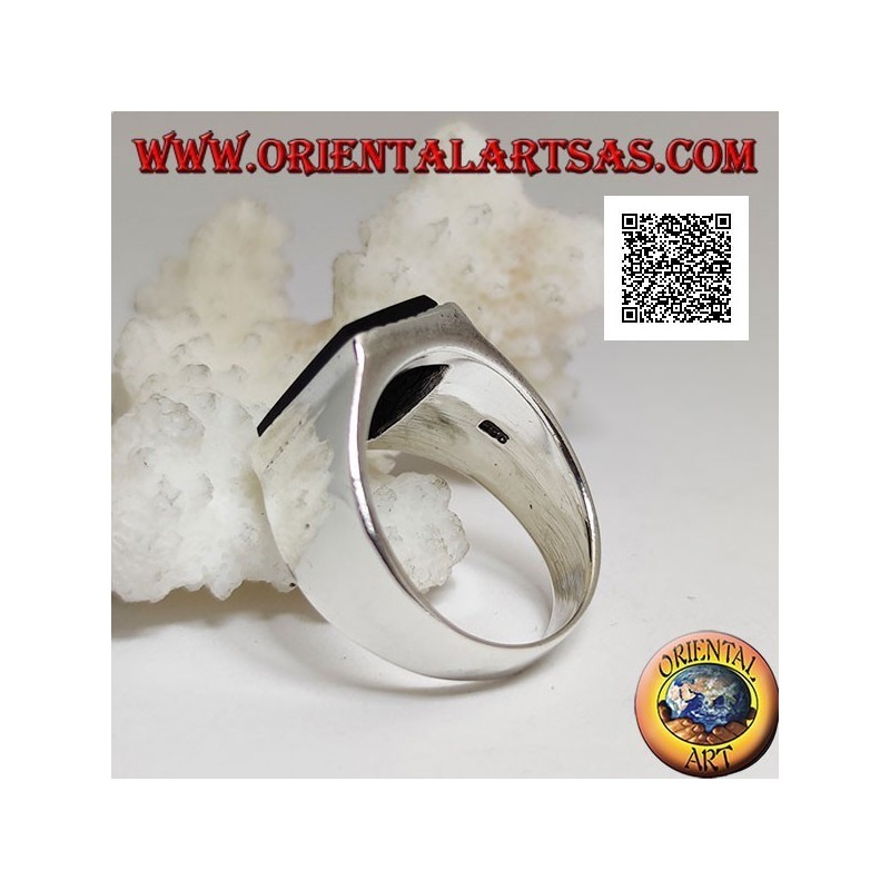 Silver ring with raised rectangular onyx with slightly striped edge on a smooth frame