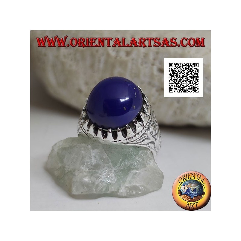 Anello con Lapislazzulo Ovale Cabochon in Argento 925 con incisioni