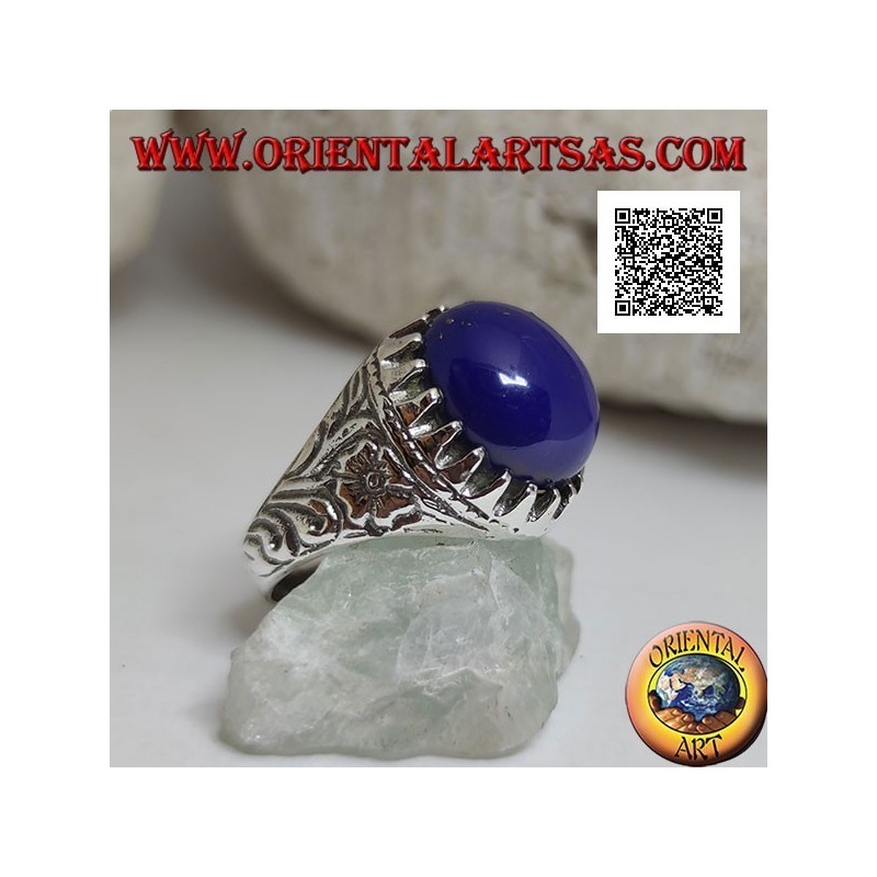 Anello con Lapislazzulo Ovale Cabochon in Argento 925 con incisioni
