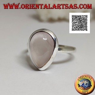 Anello in argento con quarzo rosa a goccia cabochon su montatura liscia a solitario