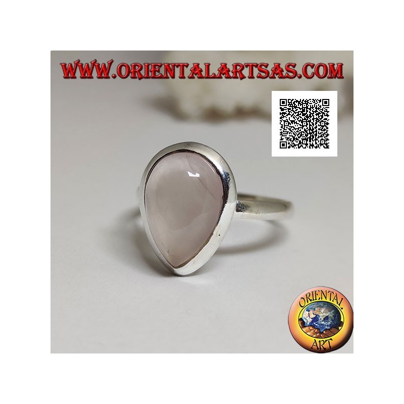 Silver ring with cabochon drop rose quartz on a smooth solitaire setting