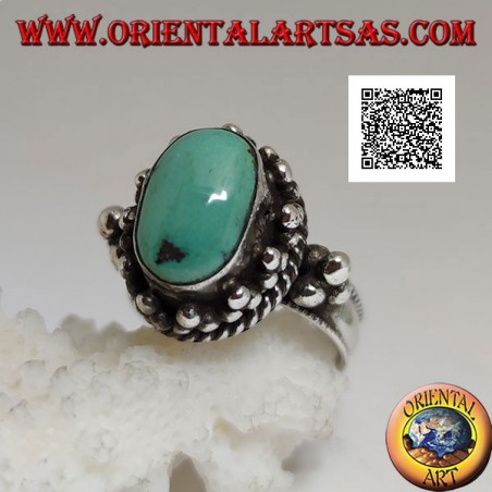 Silver ring with antique oval Tibetan turquoise surrounded by trio of balls and intertwining (16)