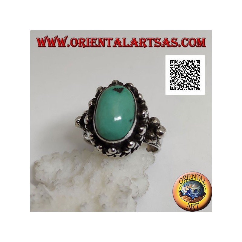 Anello in argento con turchese tibetano antico ovale  contornato da tris di palline e intreccio (16)
