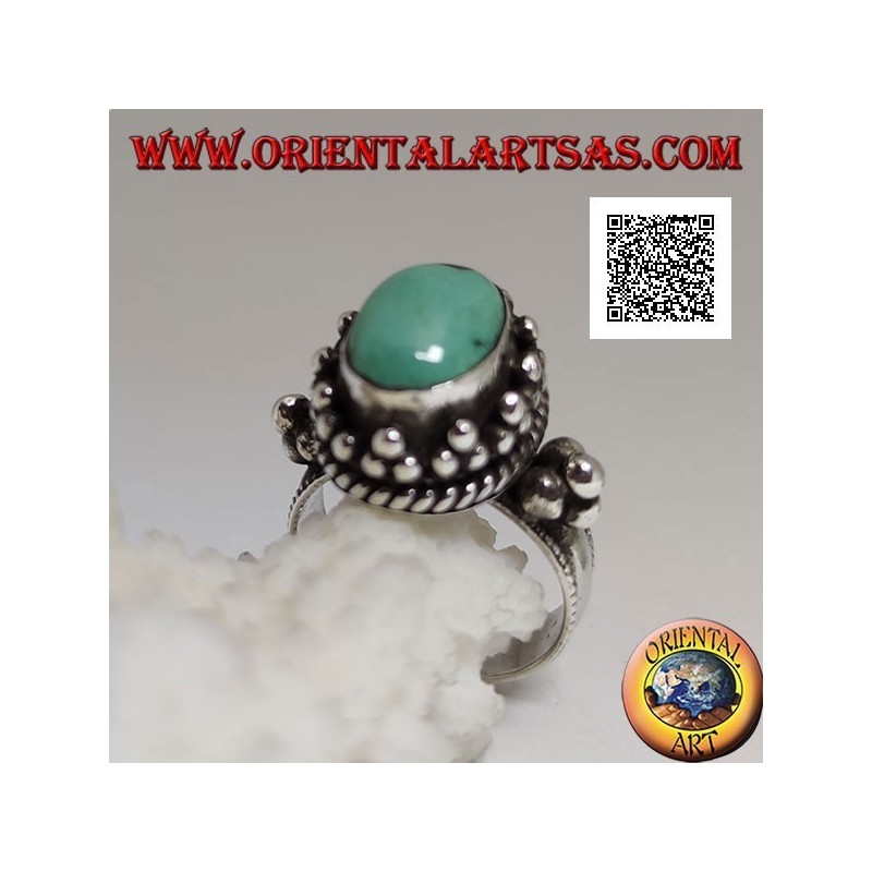 Anello in argento con turchese tibetano antico ovale  contornato da tris di palline e intreccio (16)