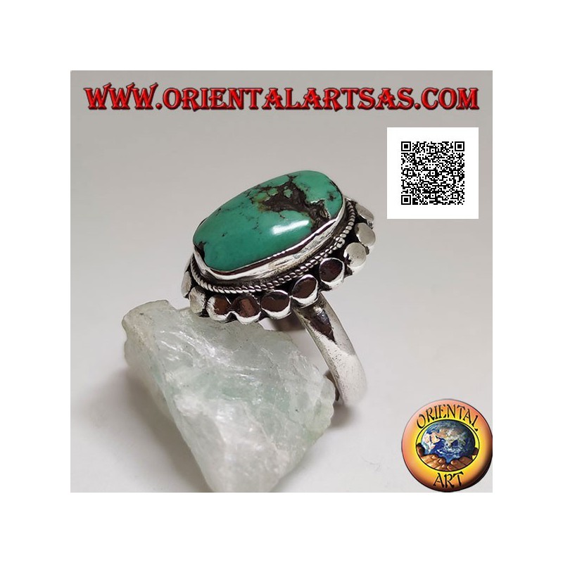 Silver ring with antique Tibetan turquoise oval surrounded by studs (12)