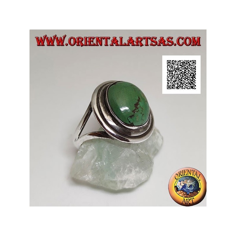 Anillo de plata con turquesa tibetana ovalada antigua con doble borde liso enganchado lateralmente a dos