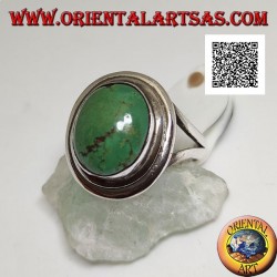 Anillo de plata con turquesa tibetana ovalada antigua con doble borde liso enganchado lateralmente a dos