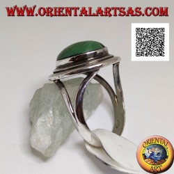 Anillo de plata con turquesa tibetana ovalada antigua con doble borde liso enganchado lateralmente a dos