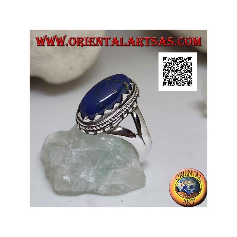 Silver ring with oval lapis lazuli set with triangles and with interweaving around