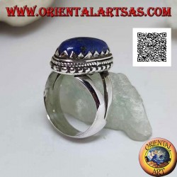 Silver ring with oval lapis lazuli set with triangles and with interweaving around