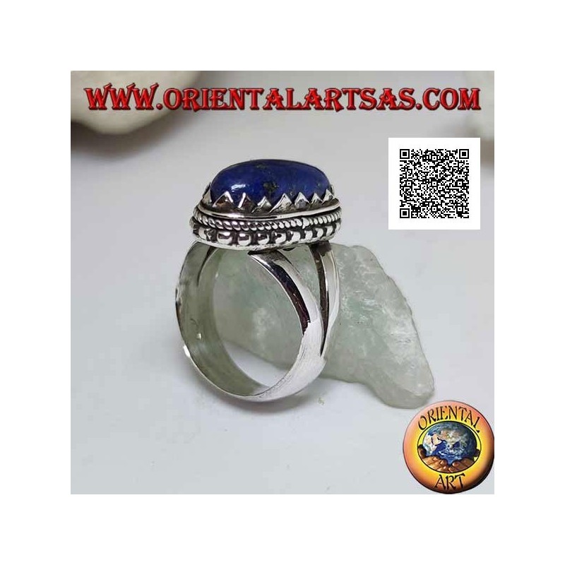 Silver ring with oval lapis lazuli set with triangles and with interweaving around