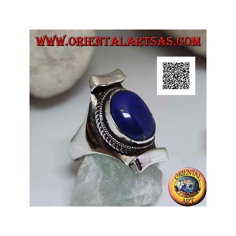 Silver ring with oval lapis lazuli surrounded by interlacing on Nepalese setting