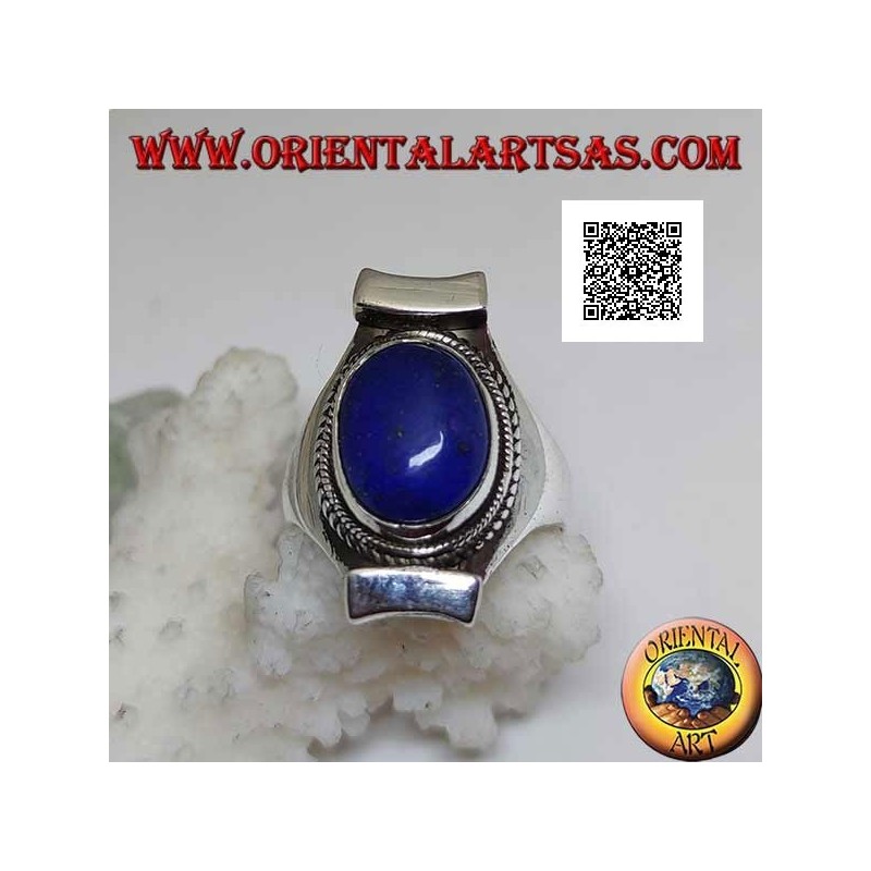 Silver ring with oval lapis lazuli surrounded by interlacing on Nepalese setting
